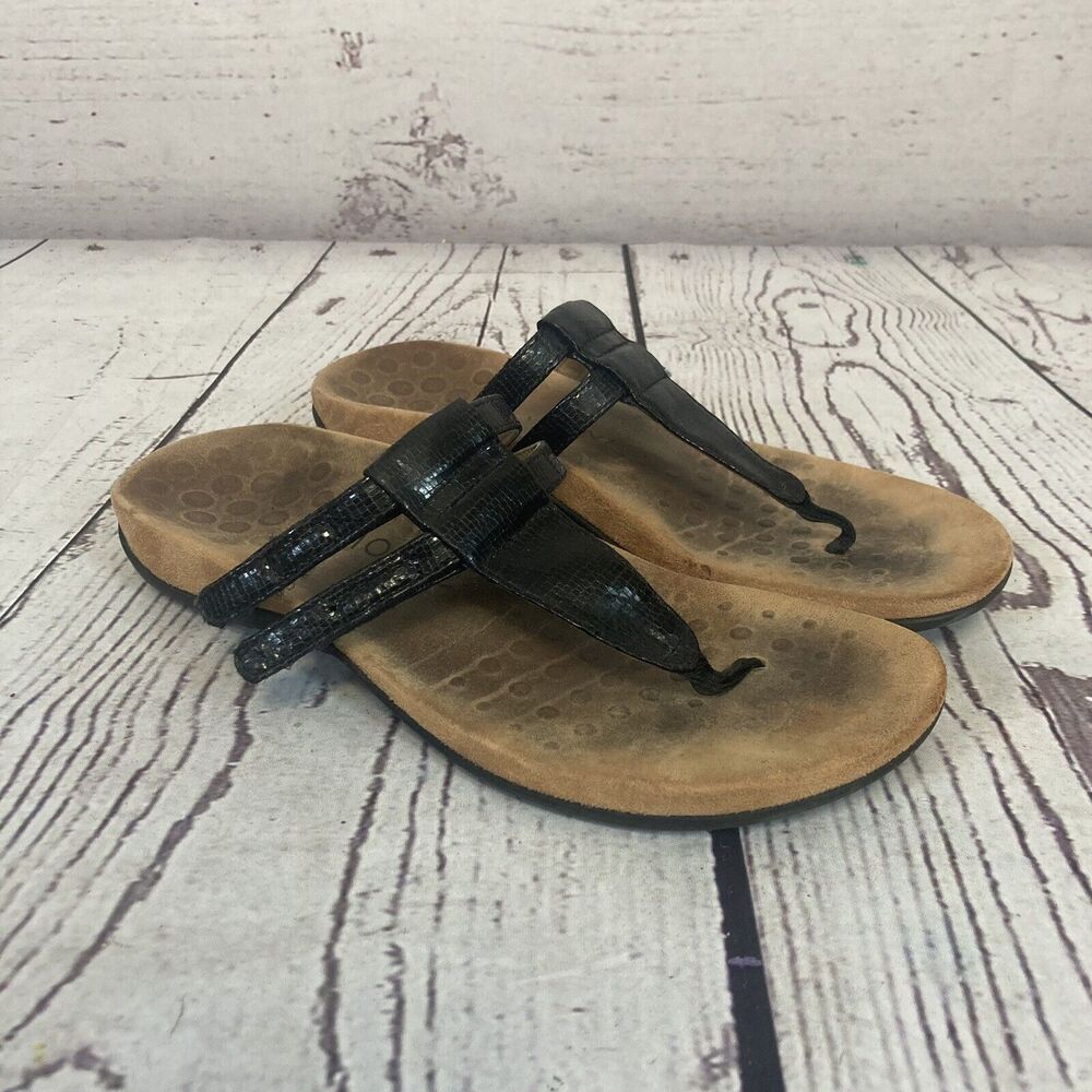 Vionic Sandals Womens 8.5 Elvia Black Thong Casual Flat Shoe Comfort
